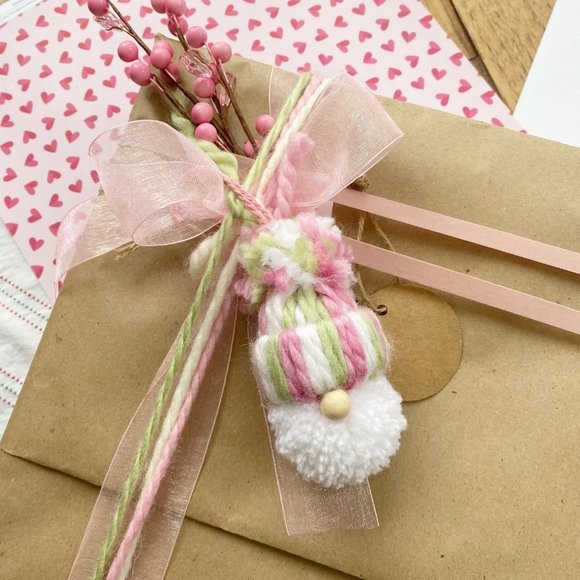 Valentine's Day Handmade Gnome Pom Pom Mini Knit Hat Charm Topper Gift Wrap Hang - Picture 1 of 4